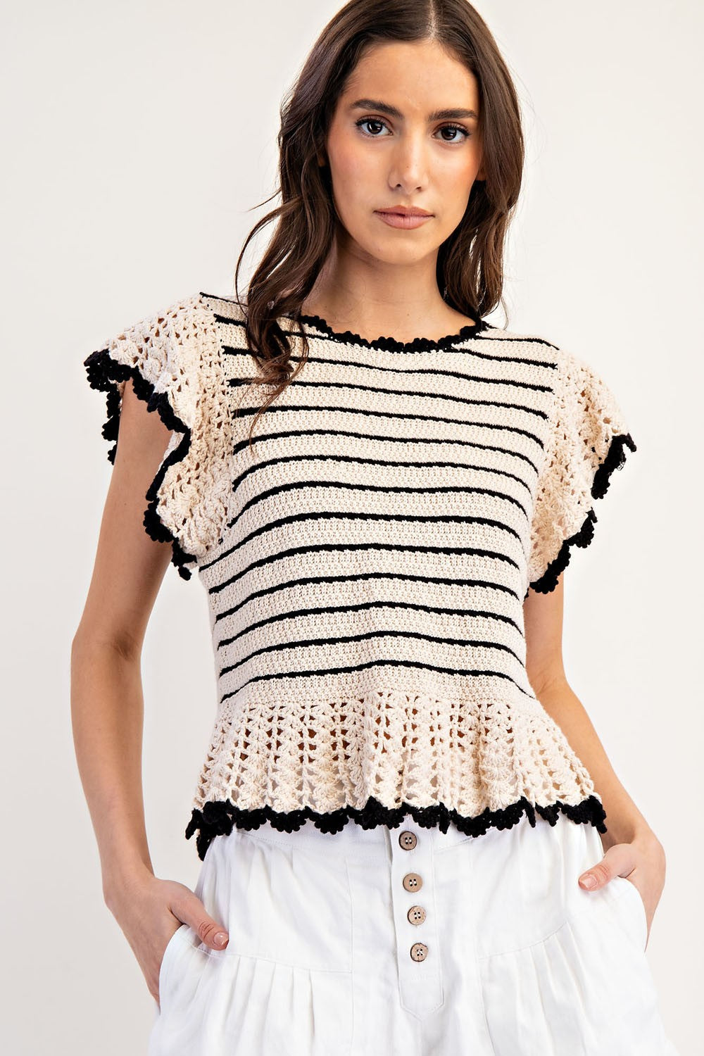 Eesome Oatmeal Striped Flutter Sleeve Sweater