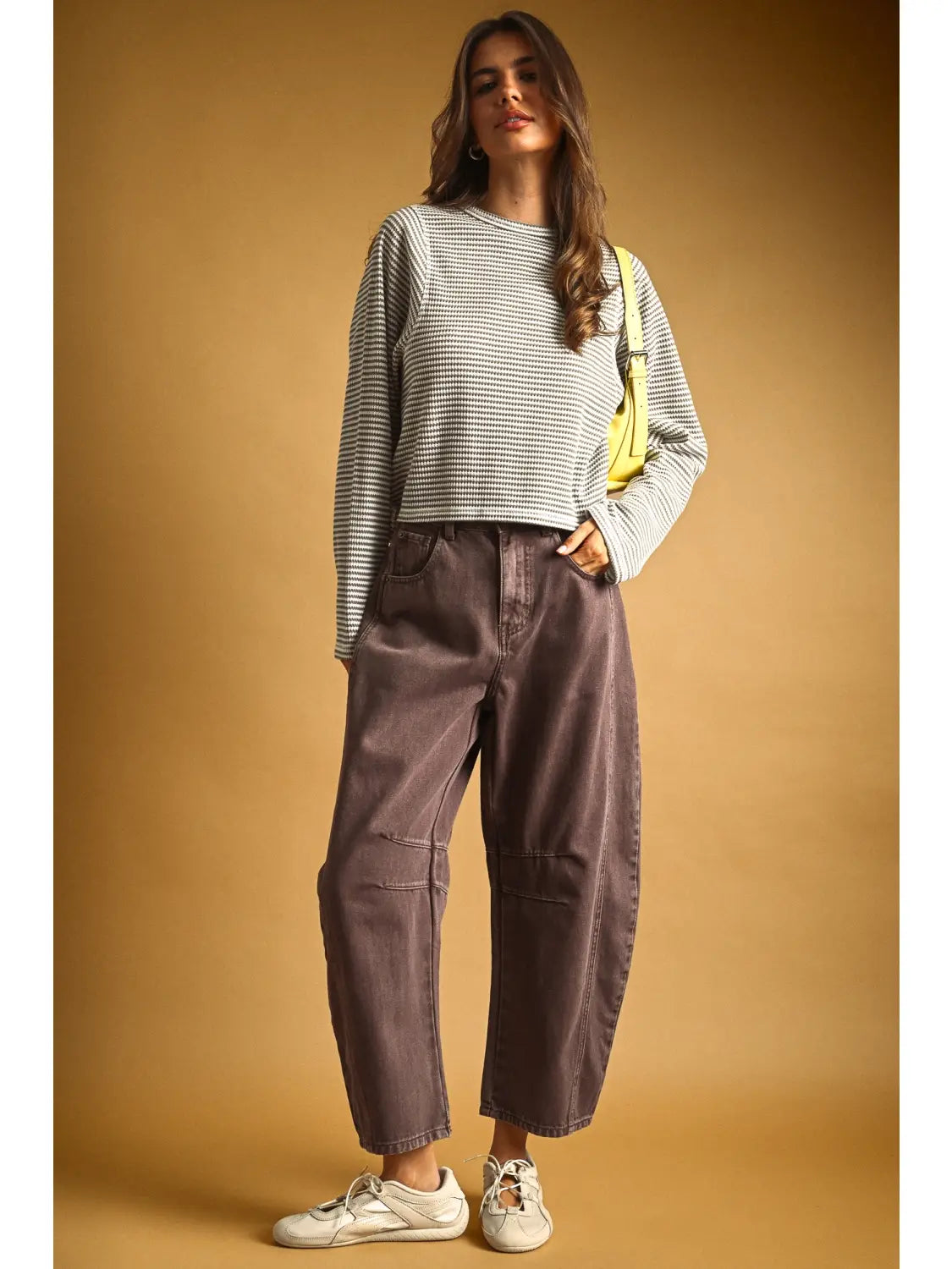 Miou Muse Striped Waffle Long Sleeve Grey