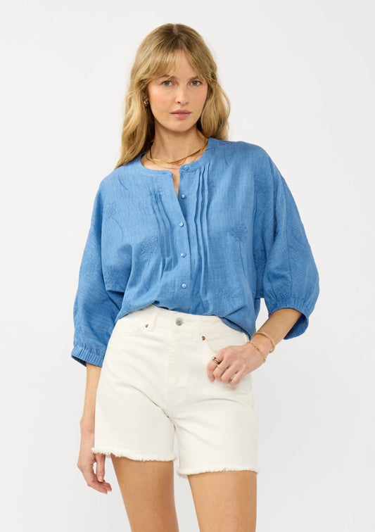 Lovestitch Pintuck Button Down Chambray Blue Top