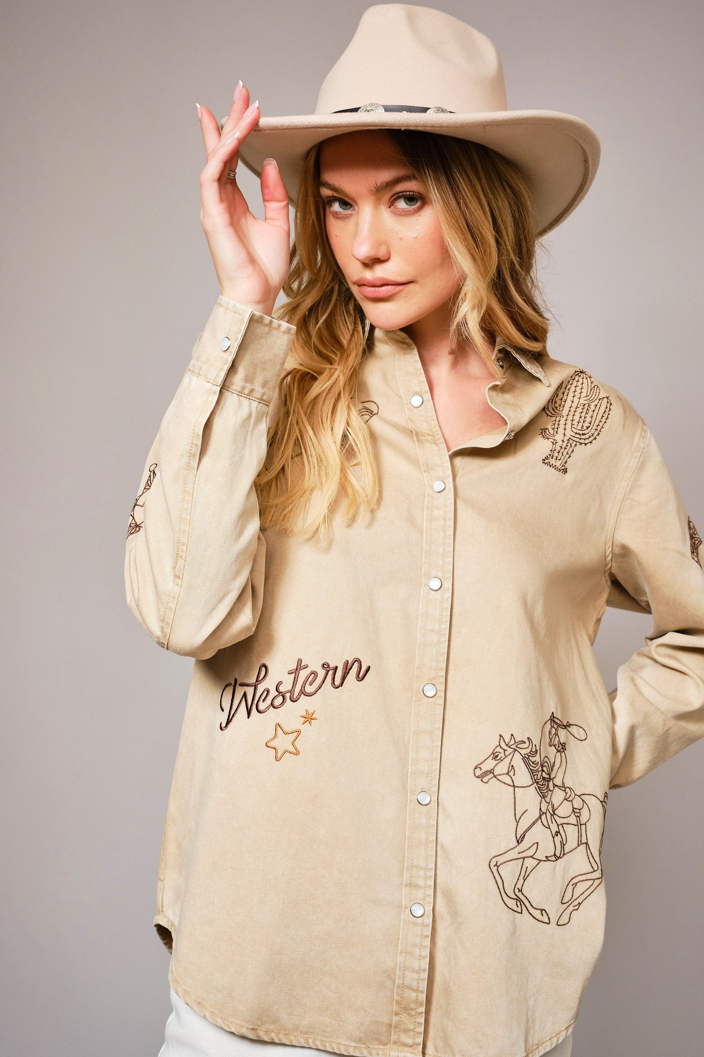 Blue B Western Embroidered Taupe Top