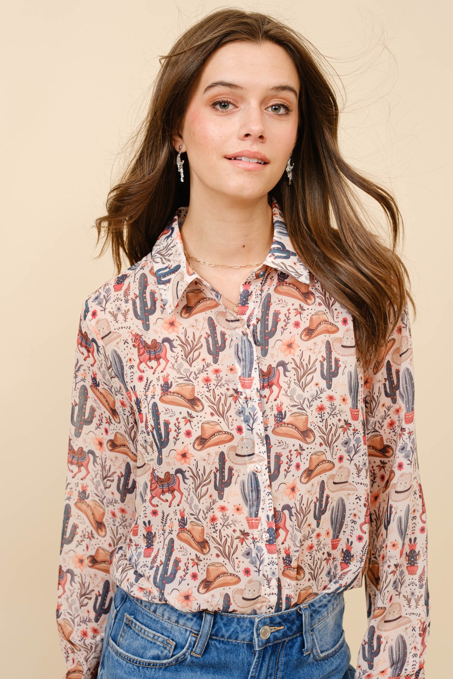 Blue B Beige Western Print Chiffon Blouse