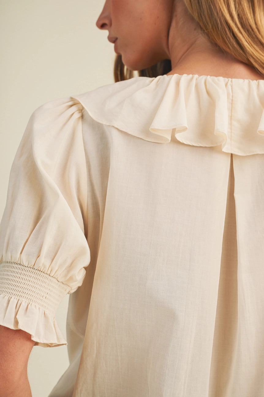 Mustard Seed Cream V-Neck Ruffle Pintuck