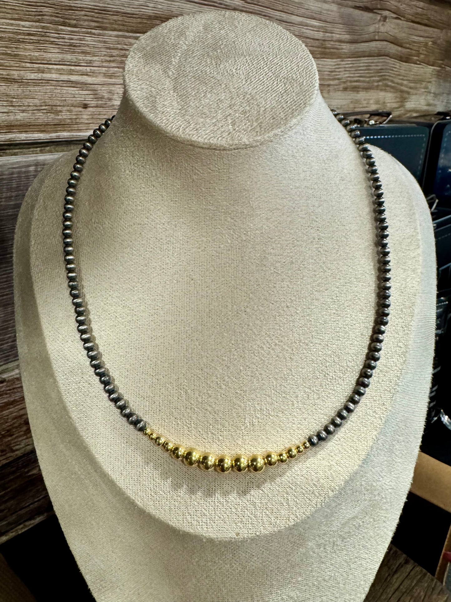 16" Navajo 3mm/6mm Silver Gold Bead Necklace