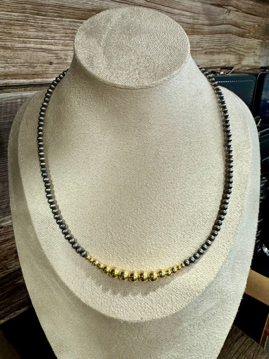 16" Navajo 3mm/6mm Silver Gold Bead Necklace