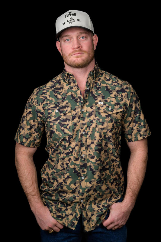 Ferrell Dk Green Camo Short Sleeve Snap