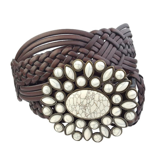 AXW Brown Hand Braided Leather Belt Bone buckle