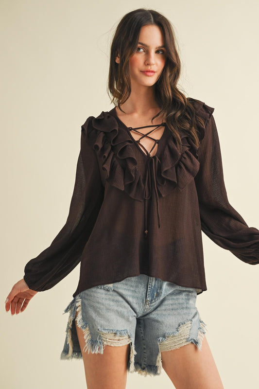 Mustard Brown Seed Ruffle V-neck Top