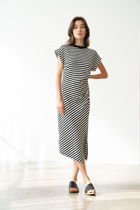 Elle Grey Striped Ruched Side Dress