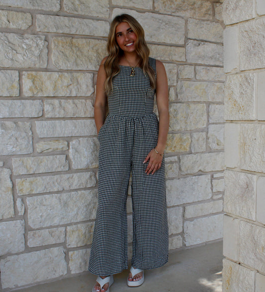 Miou Muse Black Gingham Printed Tie Jumpsuit