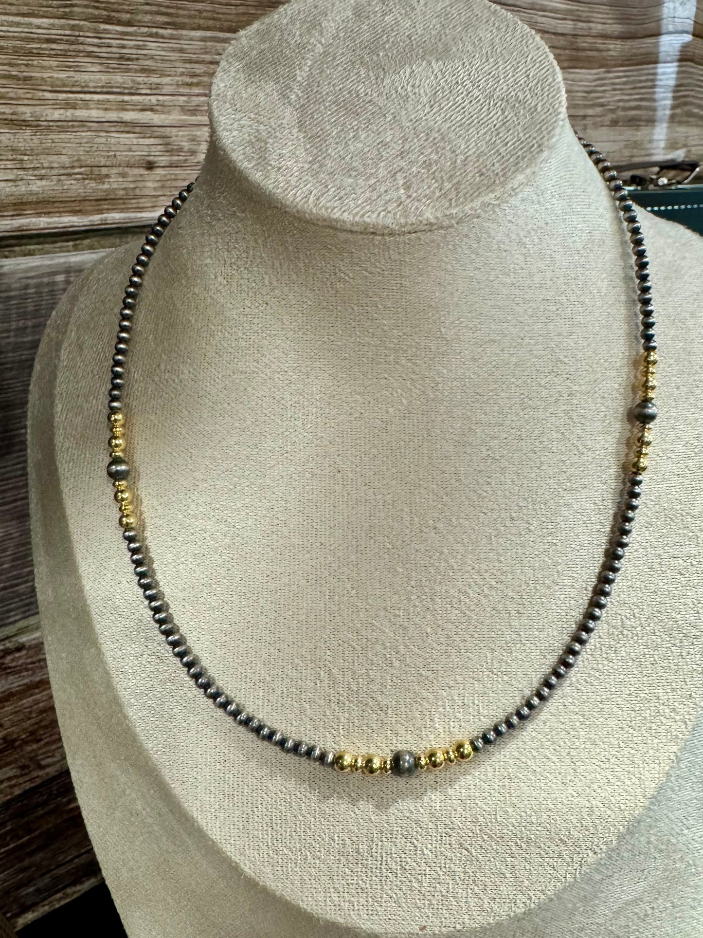 16" Navajo 3mm/5mm Silver & Gold Bead Necklace