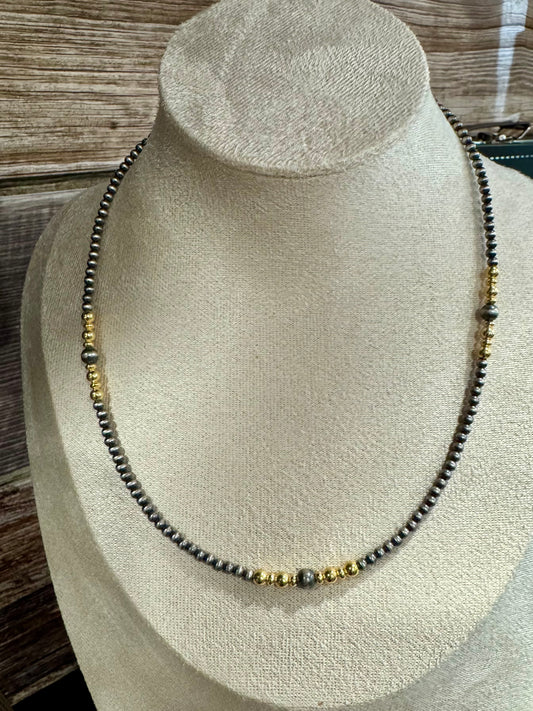 16" Navajo 3mm/5mm Silver & Gold Bead Necklace