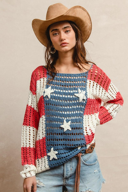 BiBi American Flag Crochet Knit Sweater