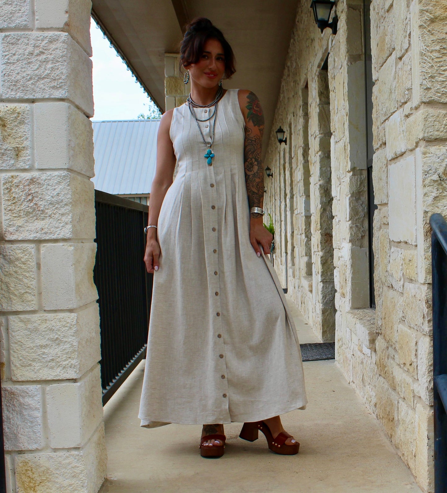 Miou Muse Oatmeal Pleated Detail Linen Dress