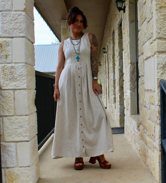 Miou Muse Oatmeal Pleated Detail Linen Dress