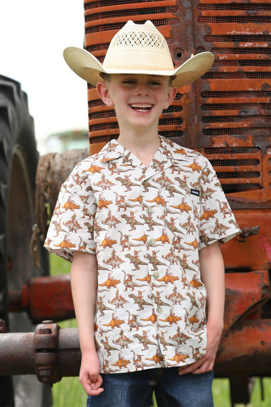 Cinch Boy's Short Sleeve Bron-A-Saurus Camp Shirt