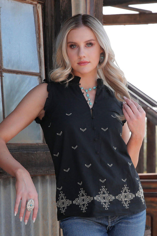 Cinch Black Embroidered Blouse