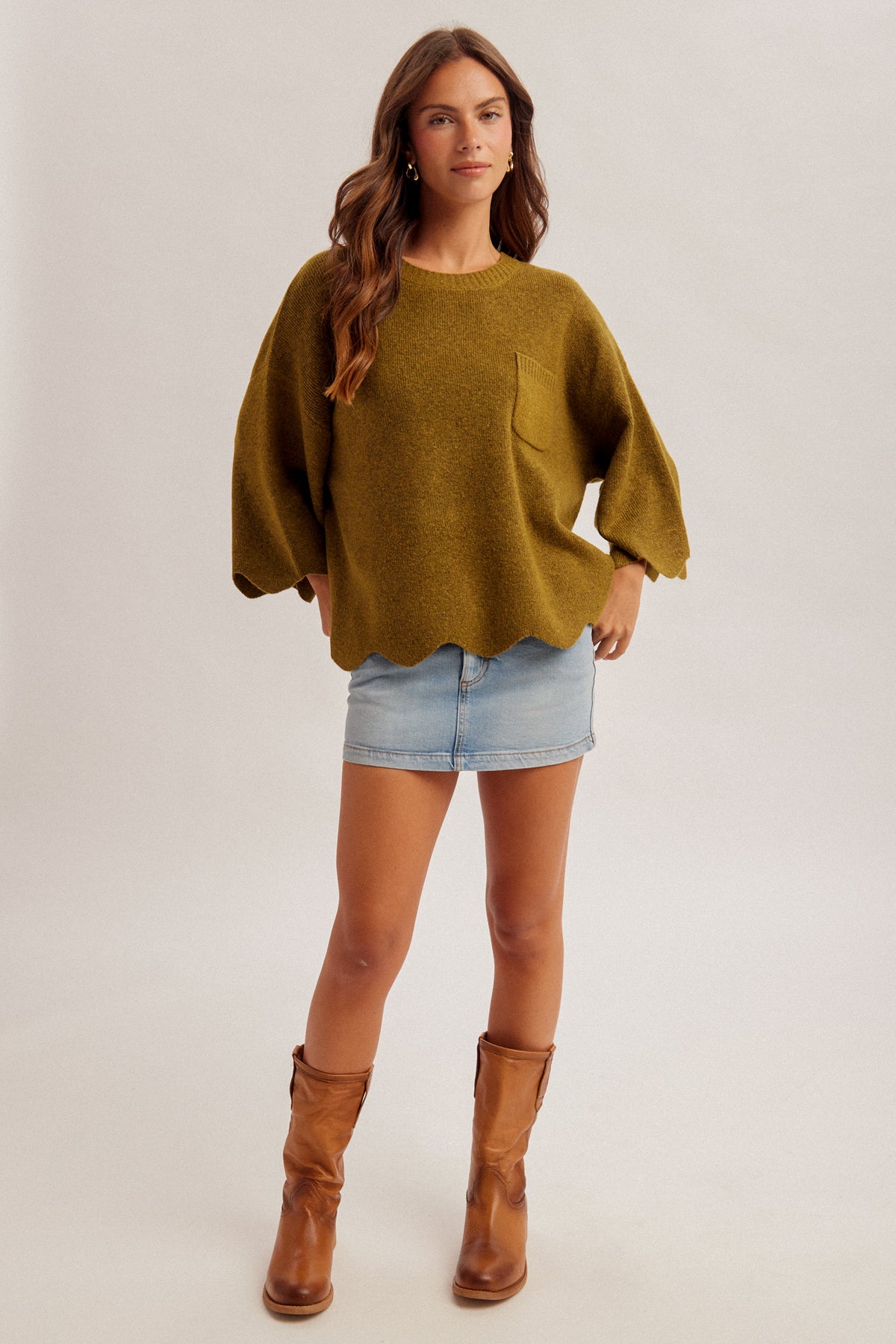 H&T Olive Scalloped Knit Sweater