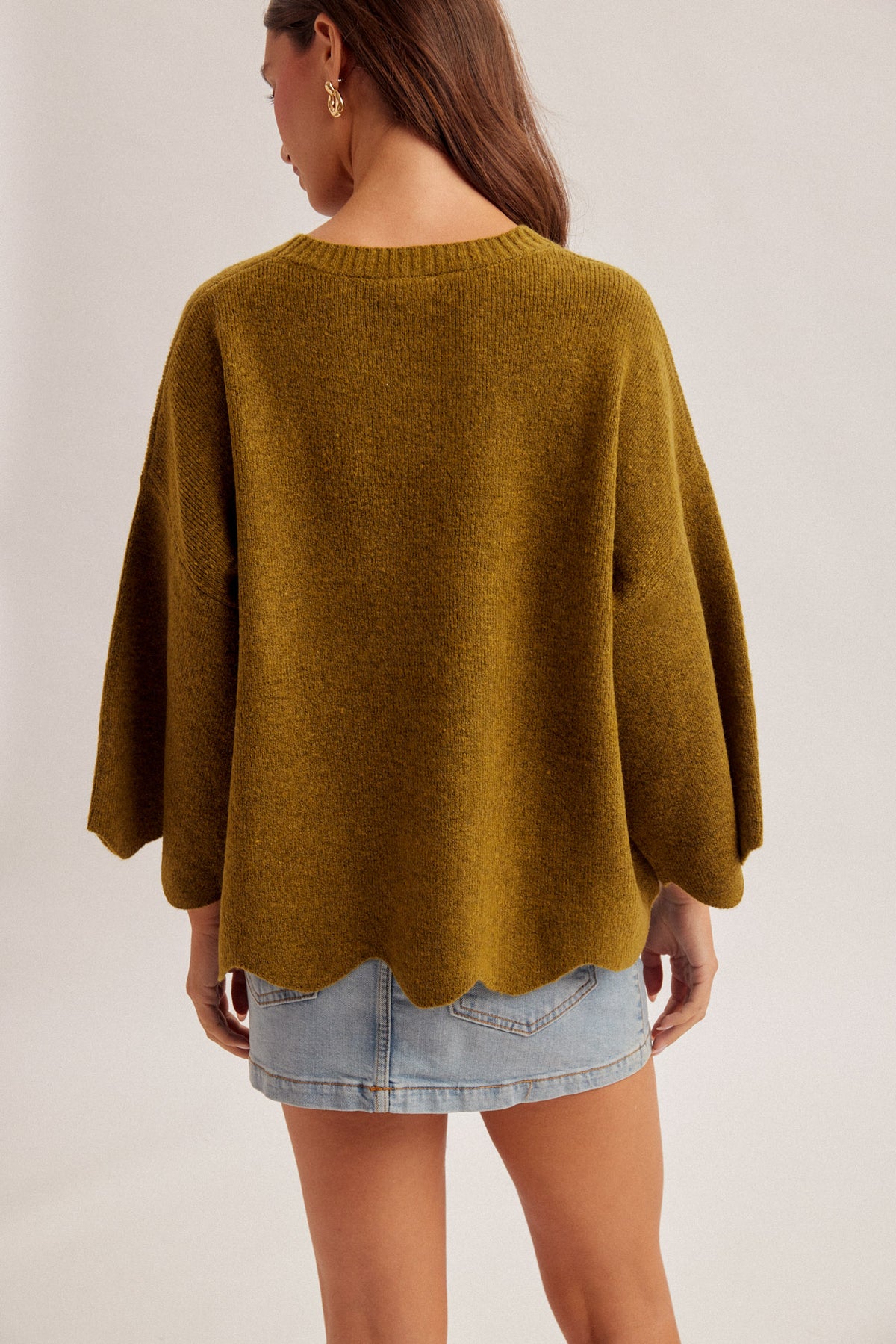 H&T Olive Scalloped Knit Sweater
