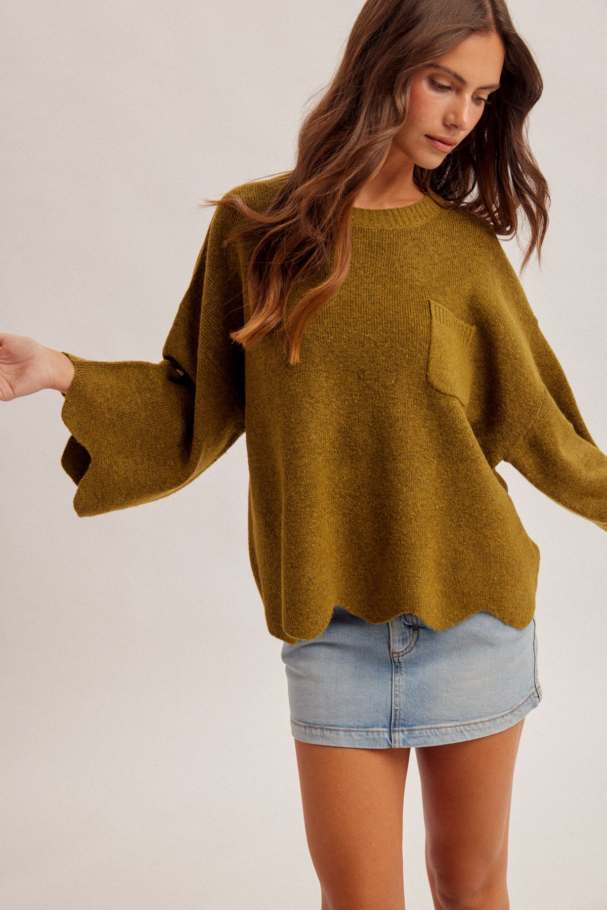 H&T Olive Scalloped Knit Sweater