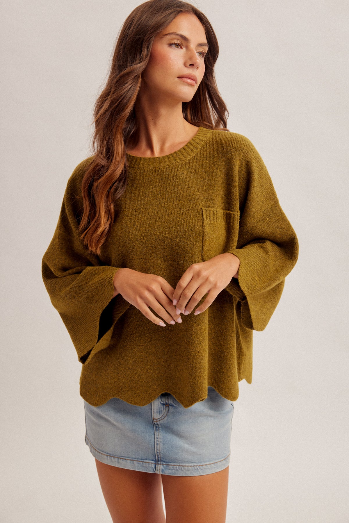 H&T Olive Scalloped Knit Sweater