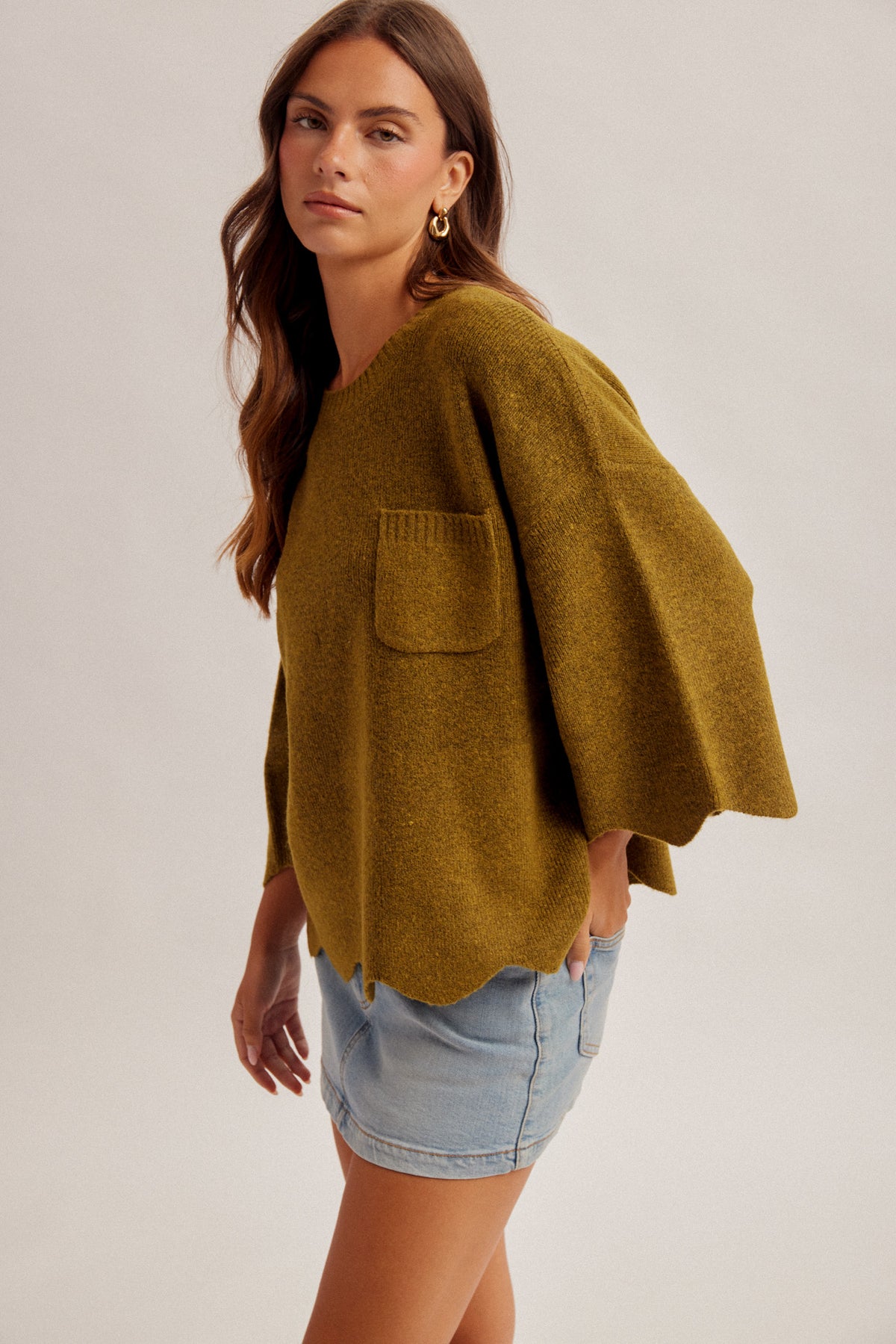 H&T Olive Scalloped Knit Sweater