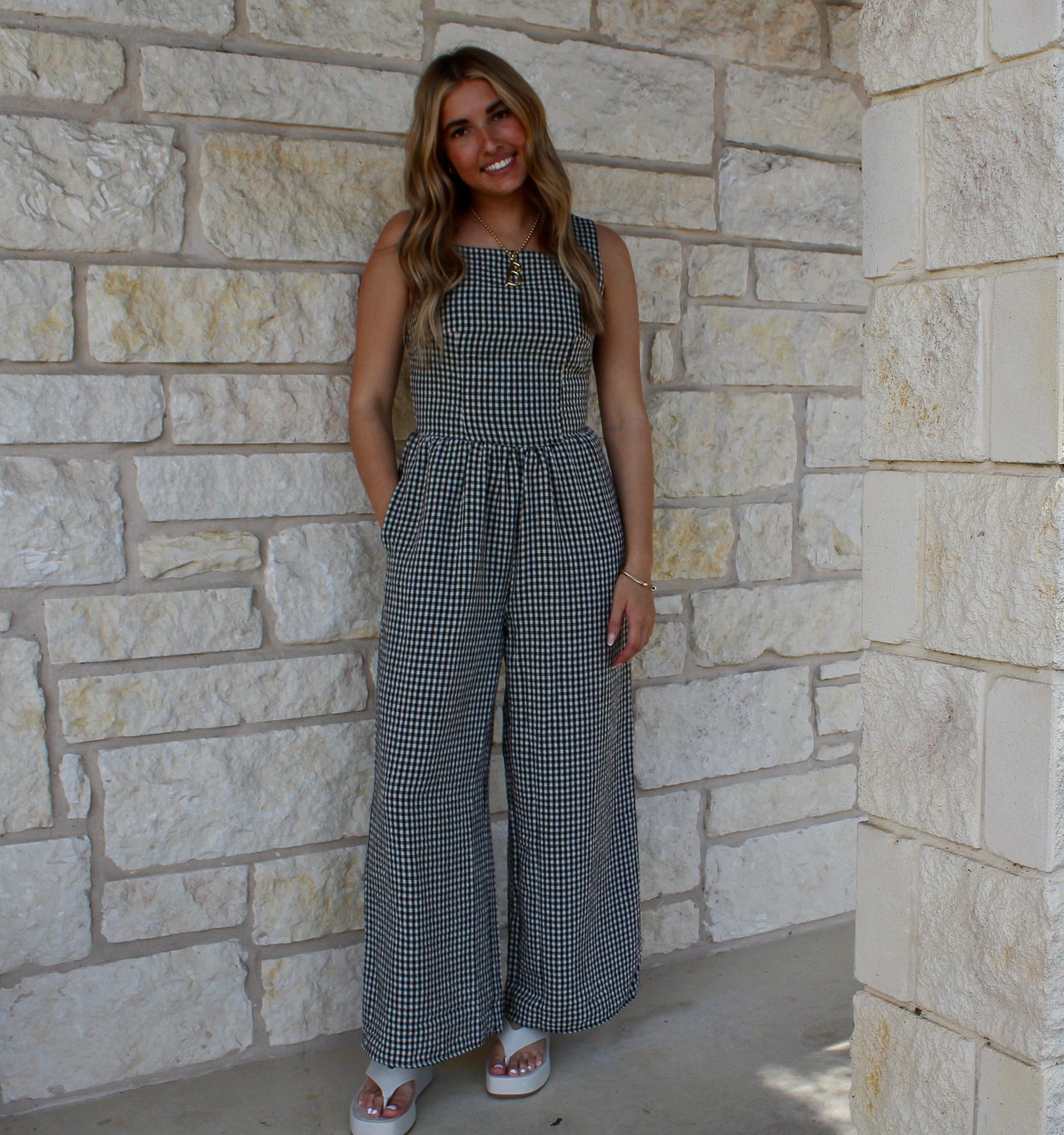Miou Muse Black Gingham Printed Tie Jumpsuit