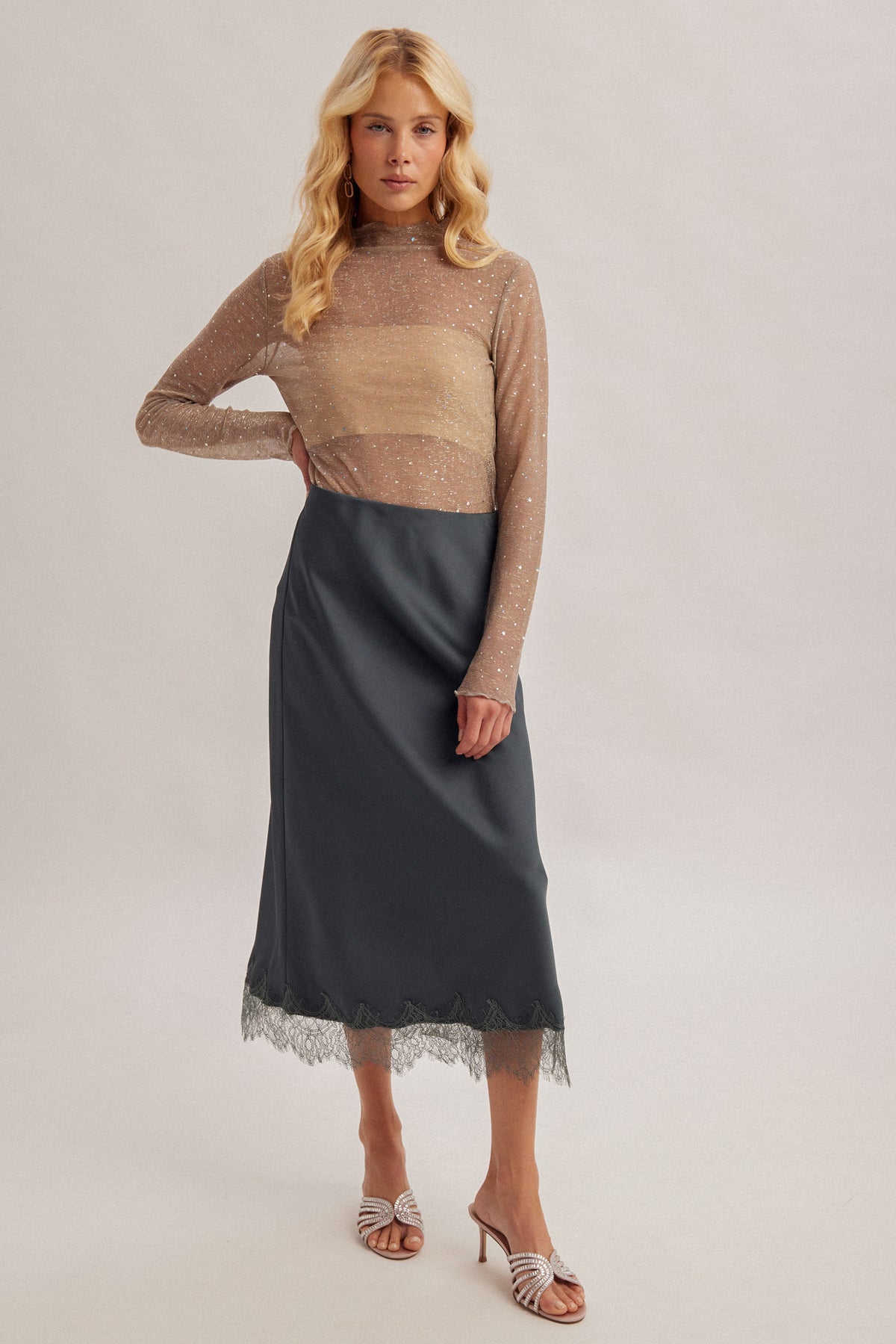H&T Lace Satin Midi Skirt