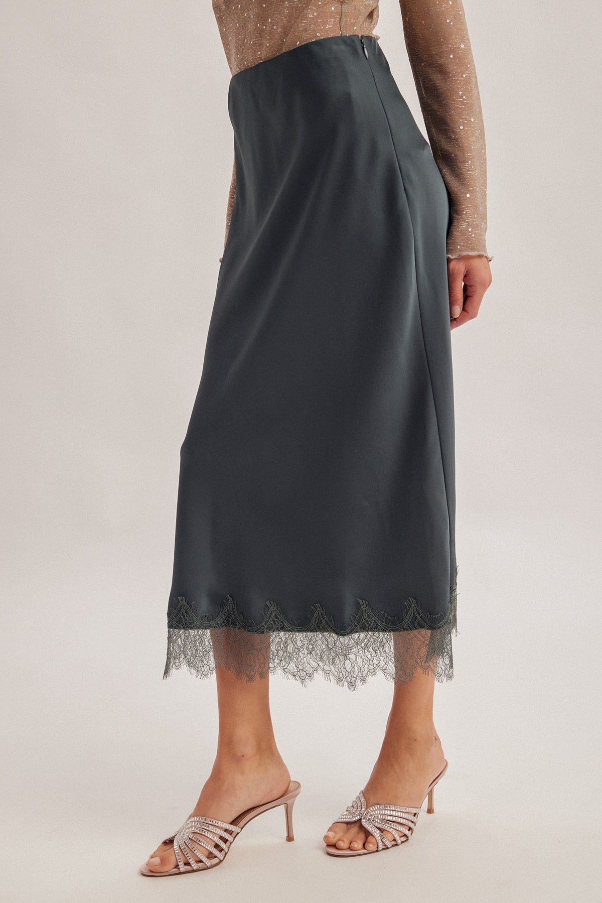 H&T Lace Satin Midi Skirt