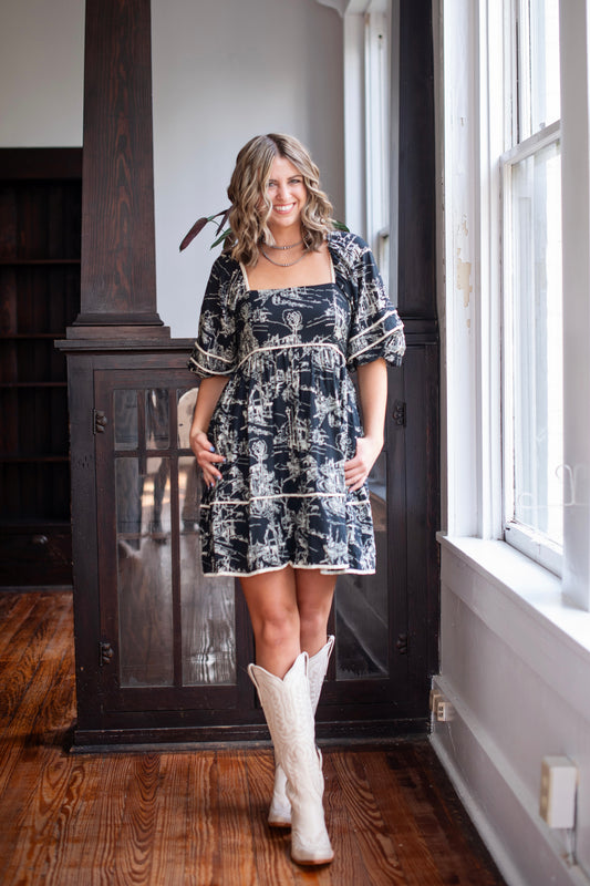 Entro Charcoal Toile Puff Sleeve Dress