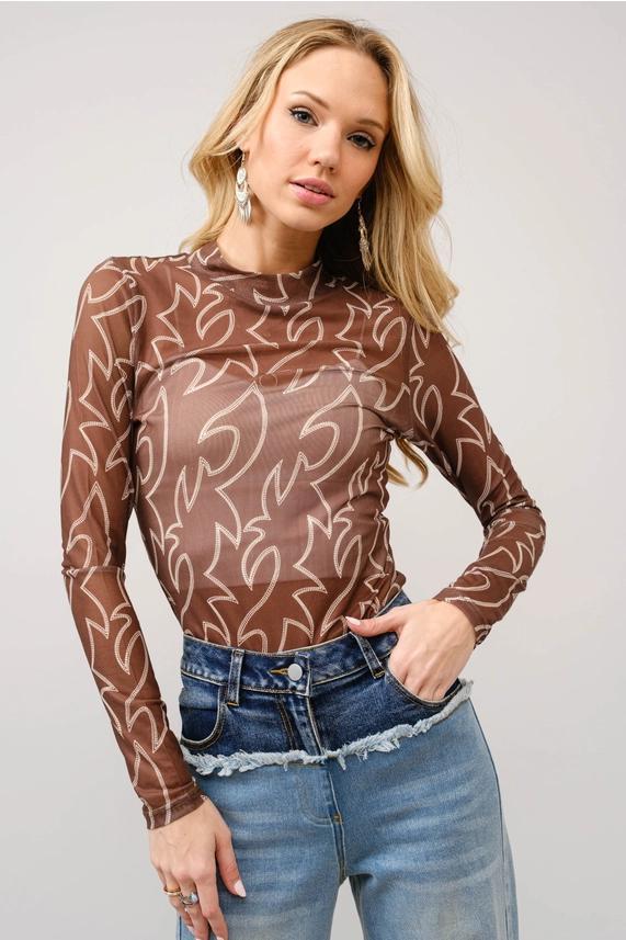Blue B Brown Boot Stitch Mesh Top