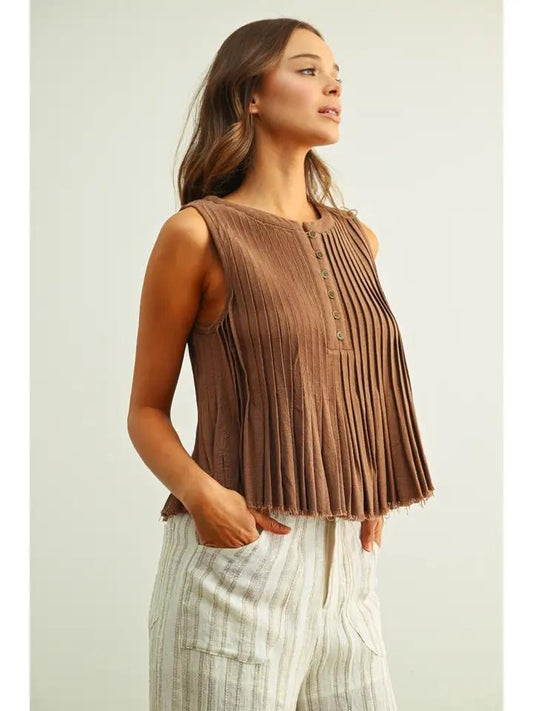 Miou Muse Mocha Pleated Flare Top