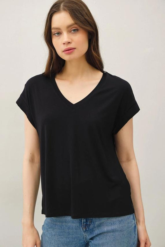 Be Cool Black Ultra Soft V-neck Cap Sleeve Top