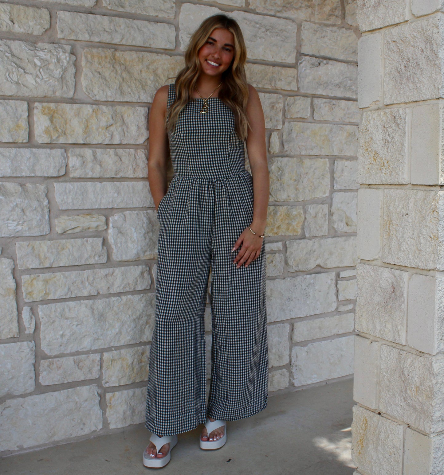 Miou Muse Black Gingham Printed Tie Jumpsuit