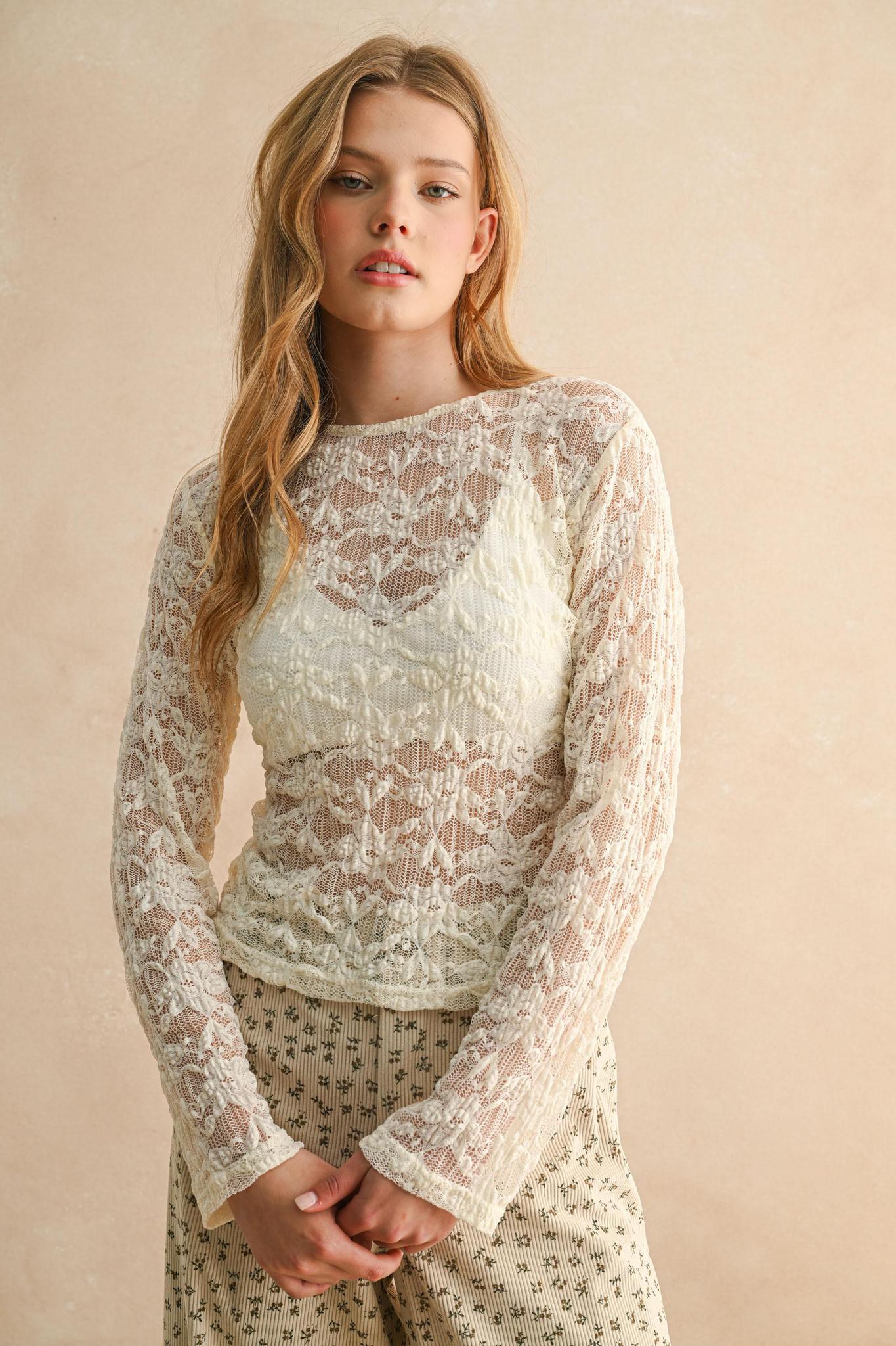 Miou Muse Cream Floral Textured Top