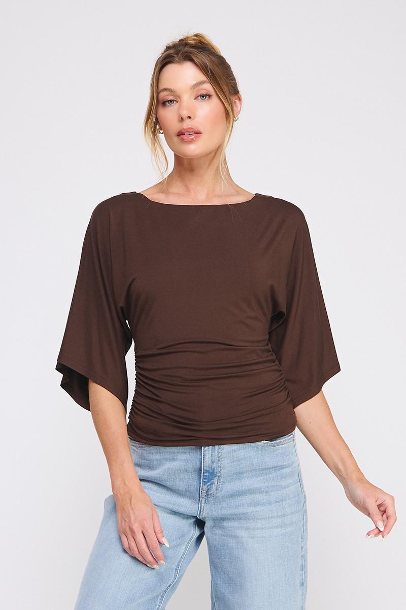 Allie Rose Brown Double Knit Bell Sleeve Top