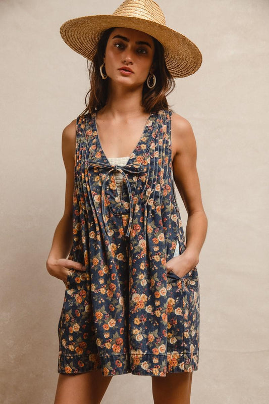 BiBi Denim Washed Floral Romper