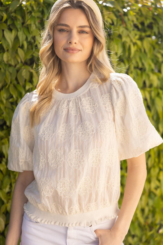 Voy Bubble Sleeve Embroidered Top