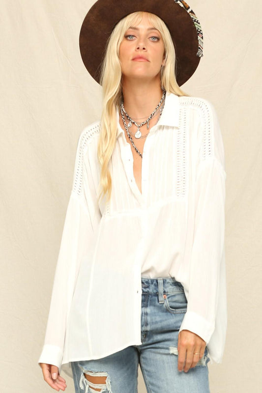 ST Lace Trim Front Button Top White