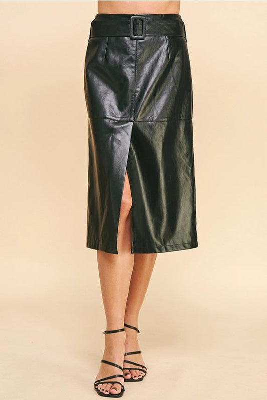 Pinch Belted Faux Leather Midi Skirt