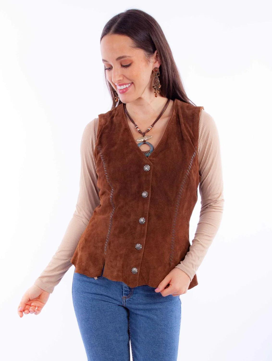 Scully Concho Snap Leather Vest Brown