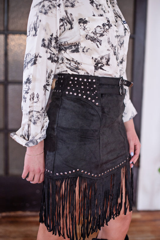 Rock&Roll Black Faux Suede Fringe Skirt