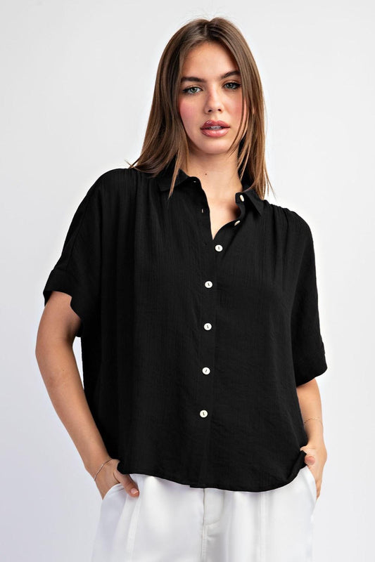 Eesome Black Button Short Sleeve Blouse