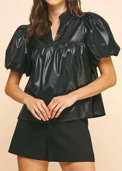 Pinch Faux Leather Puff Sleeve Top Black