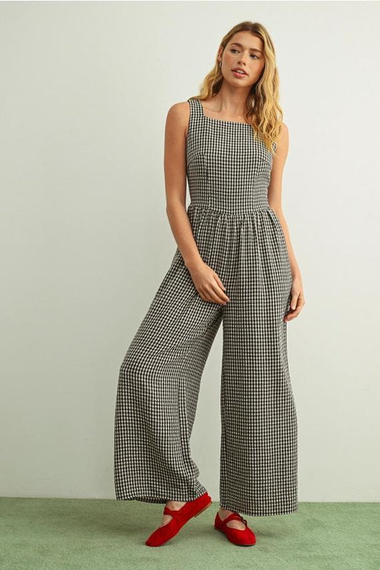 Miou Muse Black Gingham Printed Tie Jumpsuit