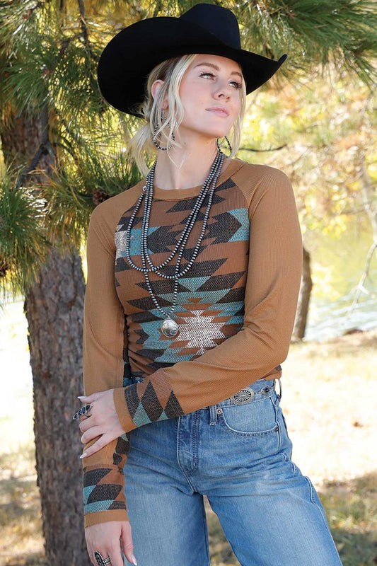 Cruel Denim Brown Aztec Raglan Top