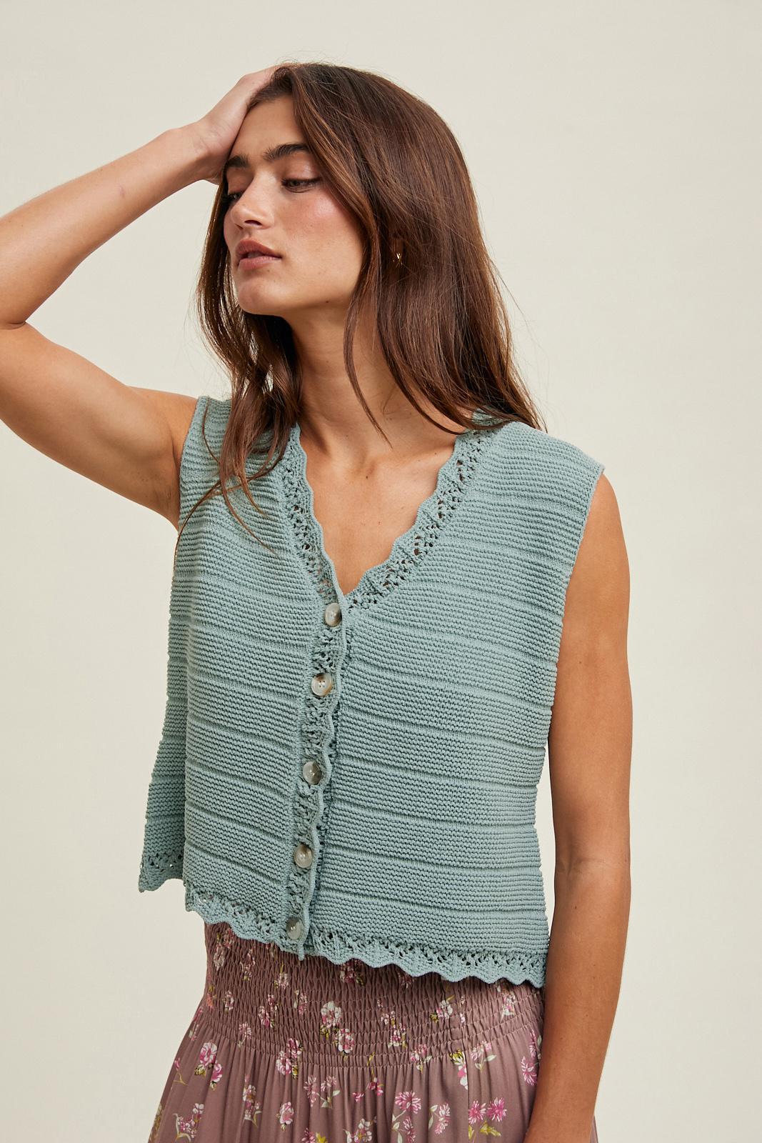 Wishlist Sage Scalloped Button Up Sweater