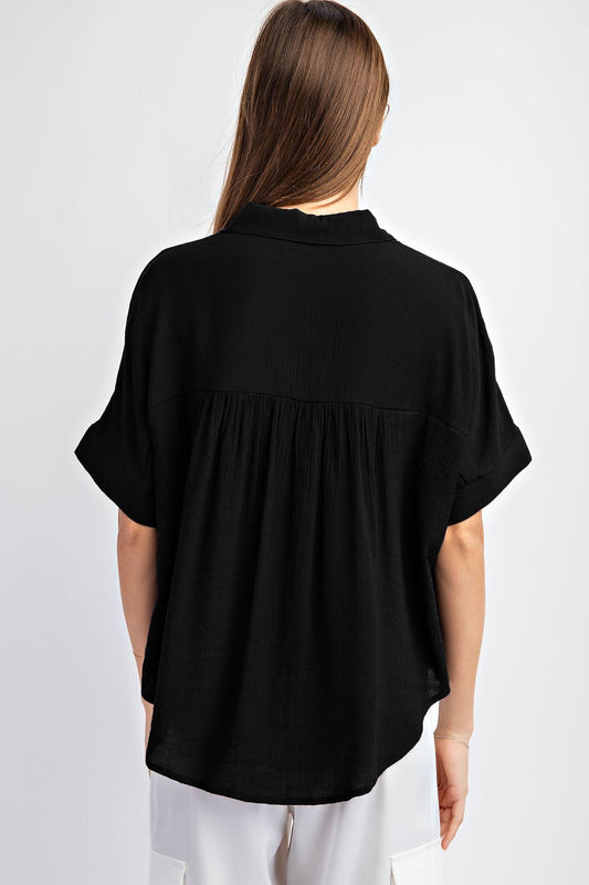 Eesome Black Button Short Sleeve Blouse