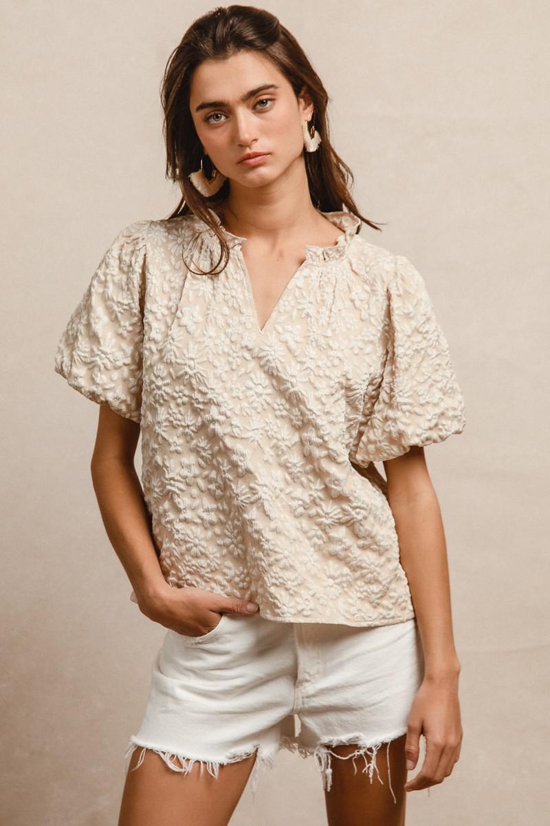 BiBi Oatmeal Floral Textured Top