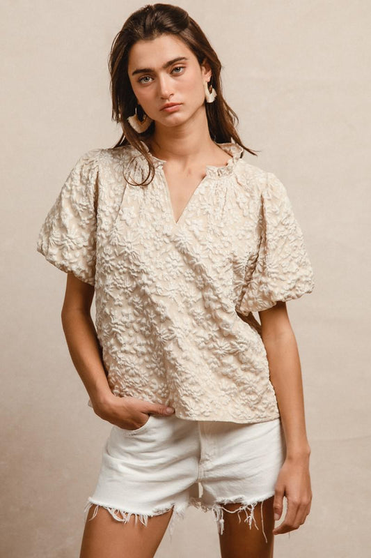 BiBi Oatmeal Floral Textured Top