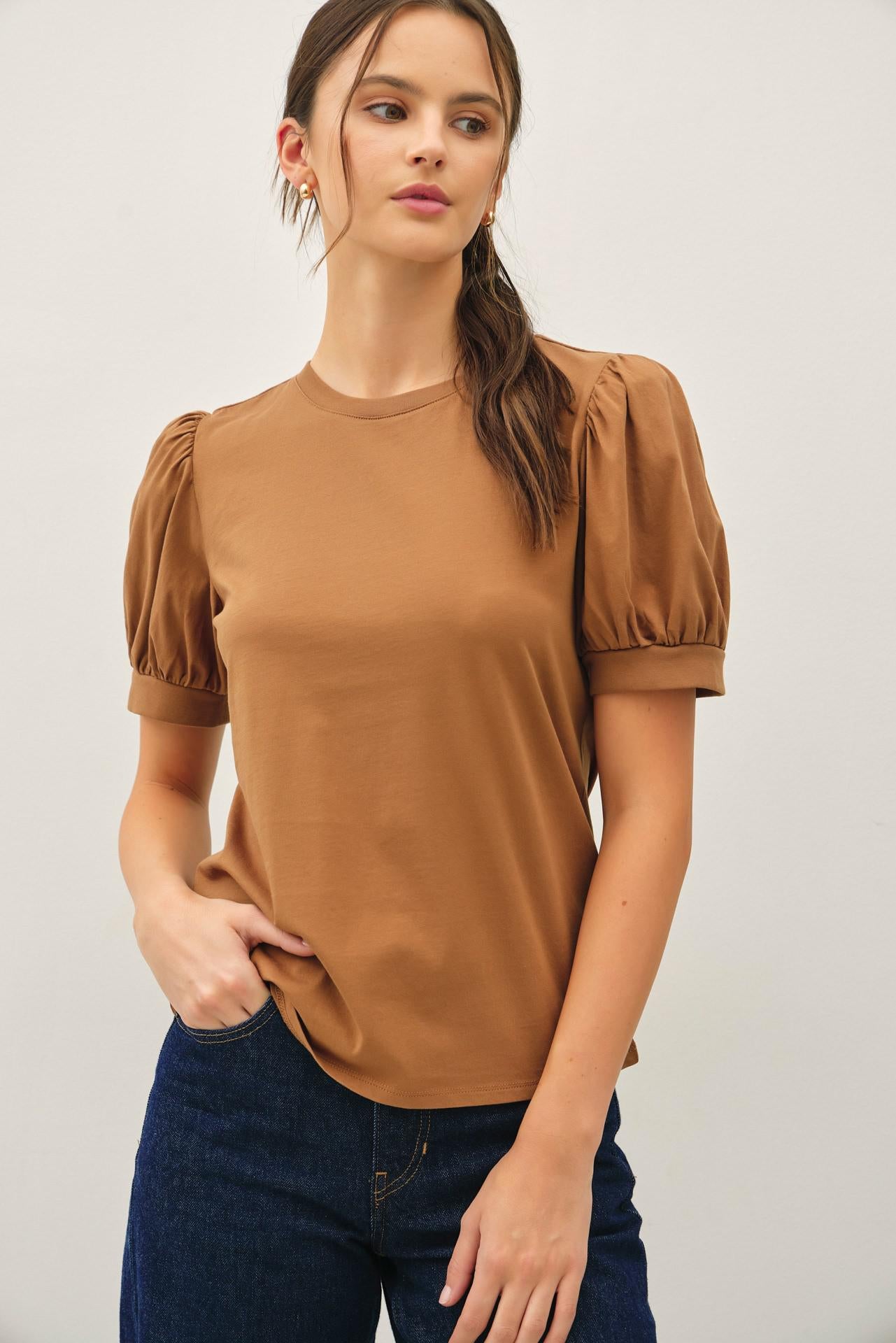 Be Cool Cotton Puff Sleeve T-shirt Brown